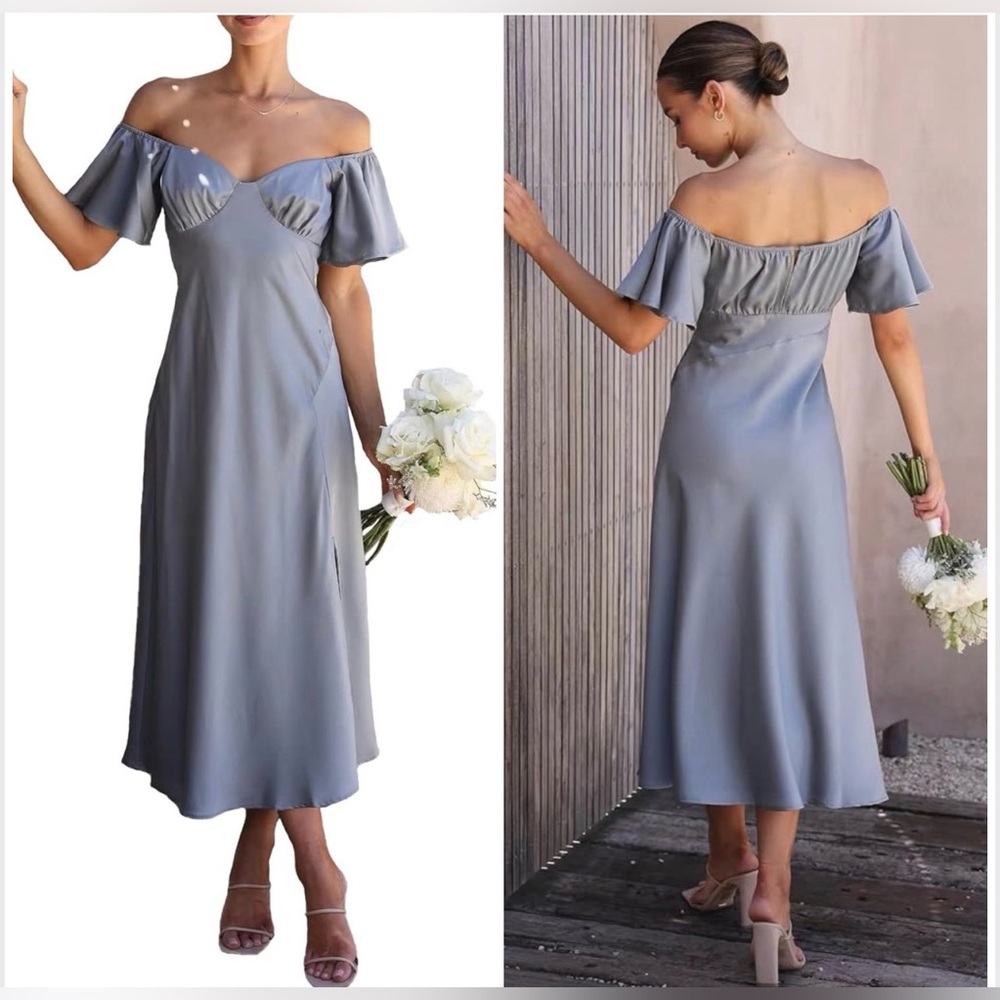 🎠PHICIA blue satin off shoulder formal butterfly sleeve split prom M New